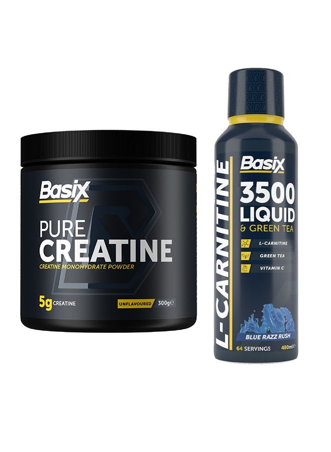 Basix Exclusive Bunde Offer - 3500 Lcarnitine And Green Tea Blue Raz Rush 64 Serving 480 Ml and Pure Creatine Unflavored 300 Gm - Image 1